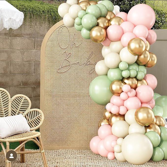 Sage Green Pink Gold Balloon Arch Kit for Birthday Baby Shower Wedding