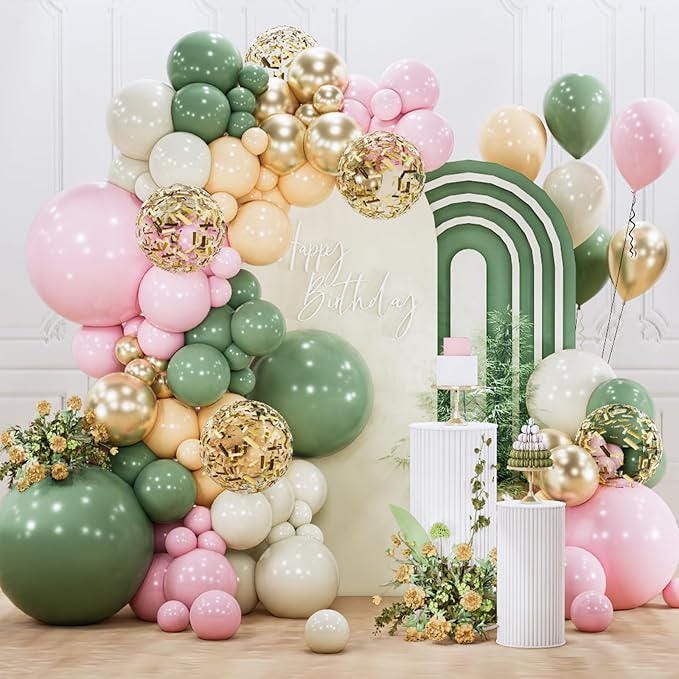 Pink Green Balloon Arch Kit 140pcs Metallic Gold Confetti Birthday Party Decor