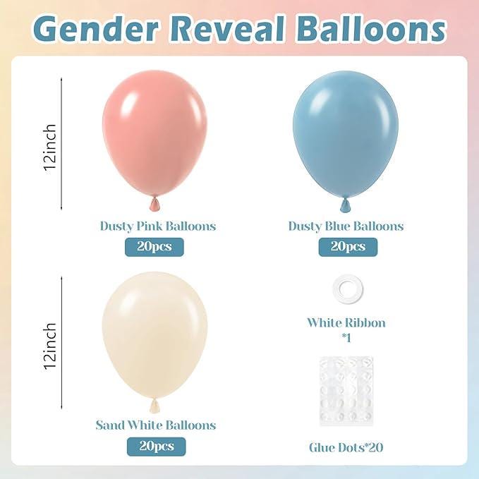 Gender Reveal Balloon Set 60pcs Dusty Pink Blue White Baby Shower Party