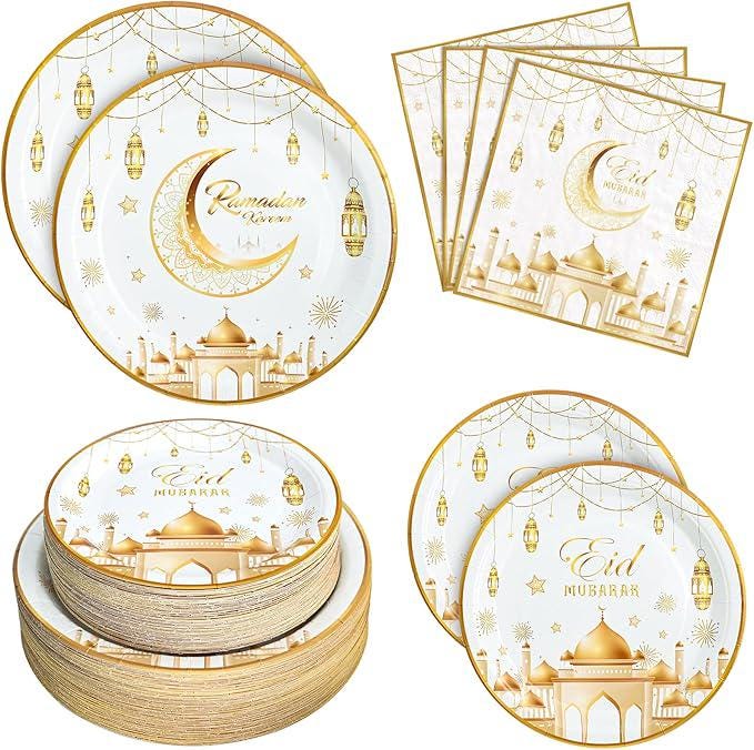 180 Piece Ramadan Eid Mubarak Party Supplies Plates Napkins Set for 60 Guests