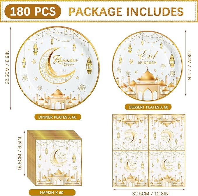 180 Piece Ramadan Eid Mubarak Party Supplies Plates Napkins Set for 60 Guests