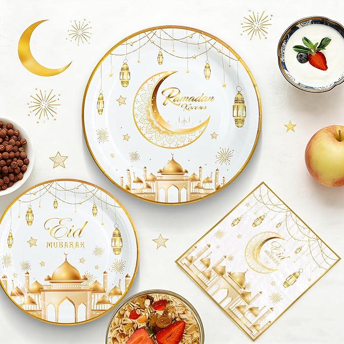 180 Piece Ramadan Eid Mubarak Party Supplies Plates Napkins Set for 60 Guests