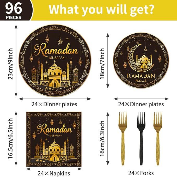96 Piece Ramadan Party Tableware Set Plates Napkins Forks Decorations 24 Guests