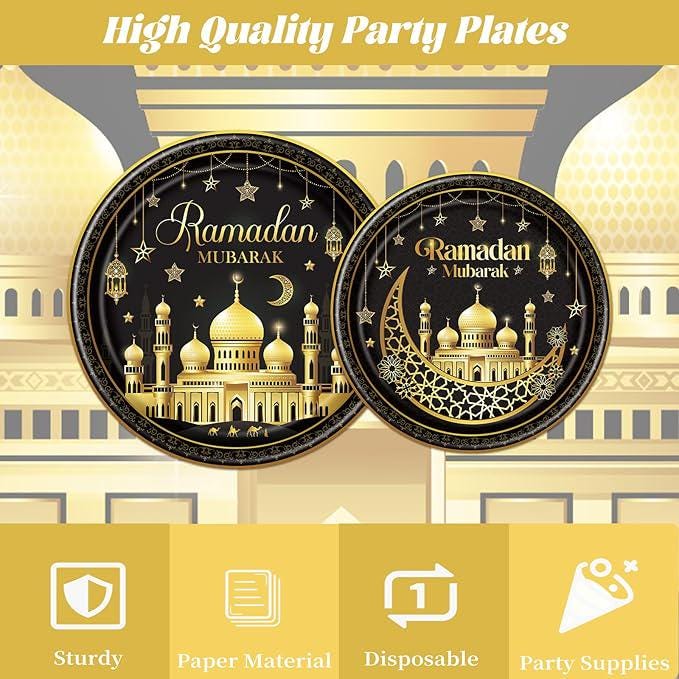 Eid Mubarak Decorations Tableware 96 Piece Ramadan Party Plates Napkins Forks Star Moon Theme