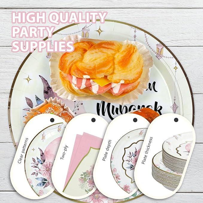 Pink Ramadan Mubarak Party Set: Floral Crescent Design, 24 Guests
