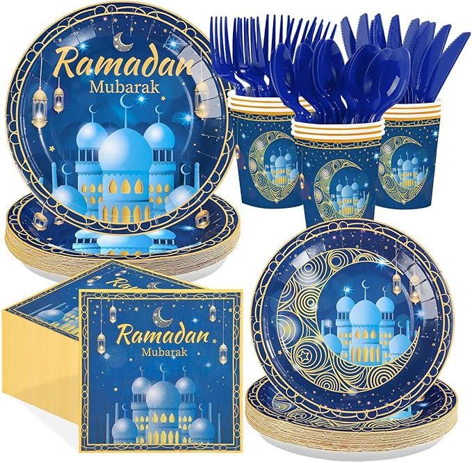 Blue Ramadan Mubarak Party Set, Mosque & Crescent Design, 24 Guests