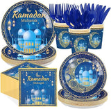 Blue Ramadan Mubarak Party Set, Mosque & Crescent Design, 24 Guests