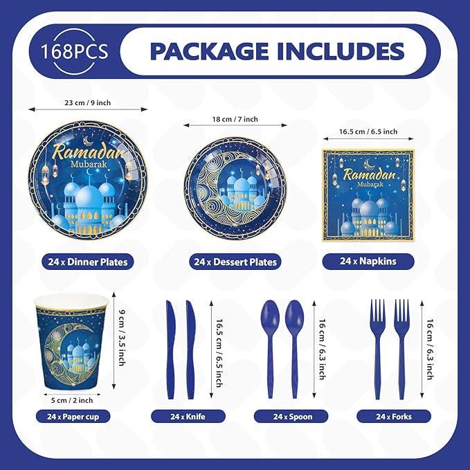 Blue Ramadan Mubarak Party Set, Mosque & Crescent Design, 24 Guests