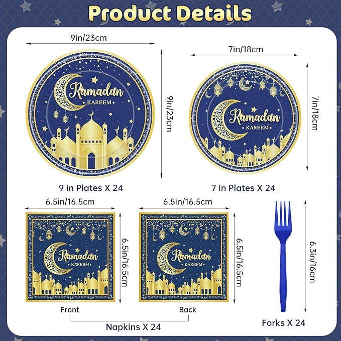 96 Piece Ramadan Plates Napkins Forks Set Blue Gold Eid Mubarak Tableware 24 Guests