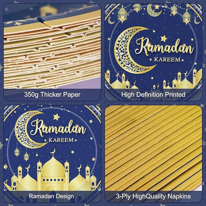 96 Piece Ramadan Plates Napkins Forks Set Blue Gold Eid Mubarak Tableware 24 Guests