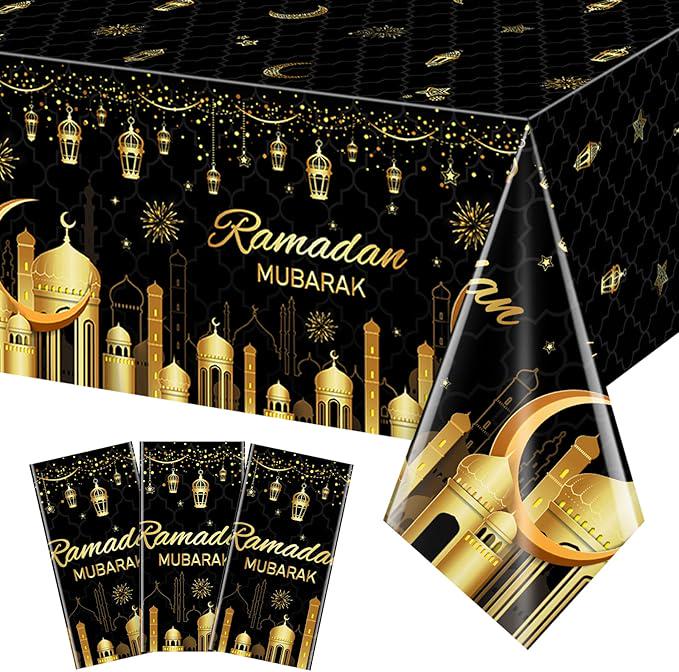 3 Pack Ramadan Plastic Tablecloths Eid Mubarak Disposable Table Covers 54x108 Inch