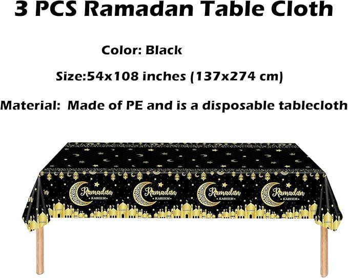 3 Pack Ramadan Tablecloths Black Gold Ramadan Kareem Disposable Table Covers 54x108 Inch