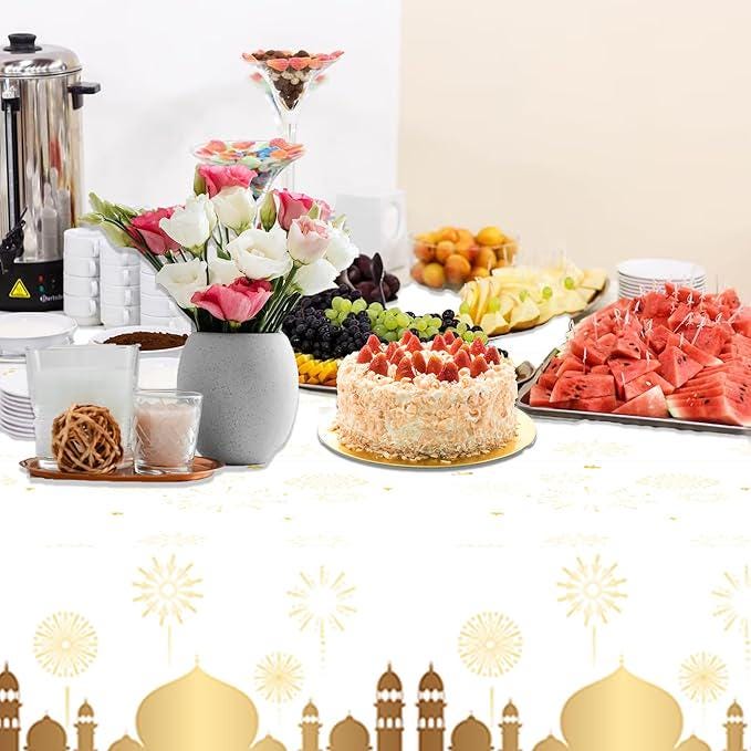 3 Piece Ramadan Mubarak Party Tablecloths Rectangular White Disposable Table Covers 87x51 Inch
