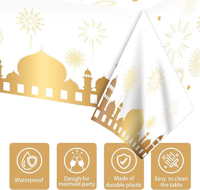 3 Piece Ramadan Mubarak Party Tablecloths Rectangular White Disposable Table Covers 87x51 Inch