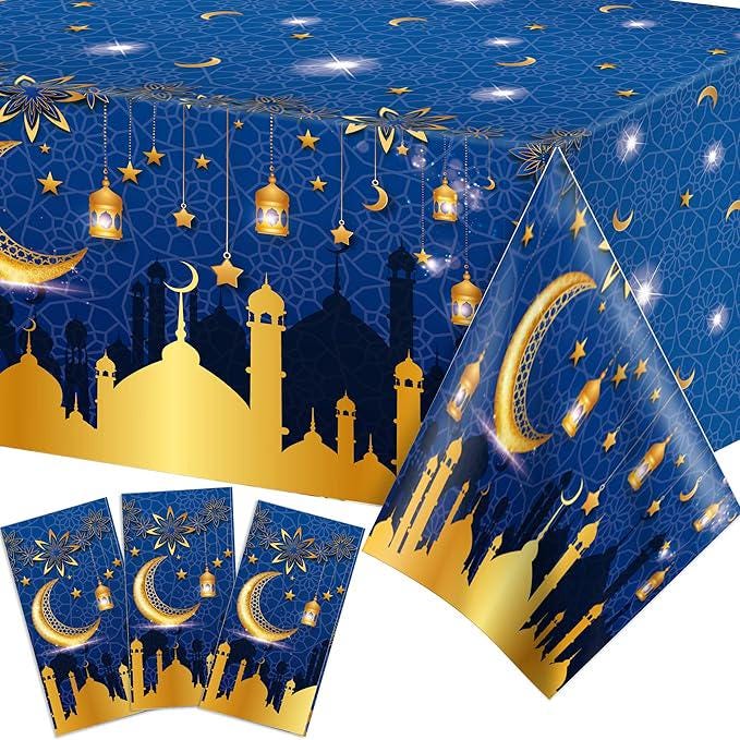 3 Piece Blue Ramadan Mubarak Tablecloths Plastic Disposable Table Covers 54x87 Inch