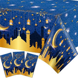 3 Piece Blue Ramadan Mubarak Tablecloths Plastic Disposable Table Covers 54x87 Inch