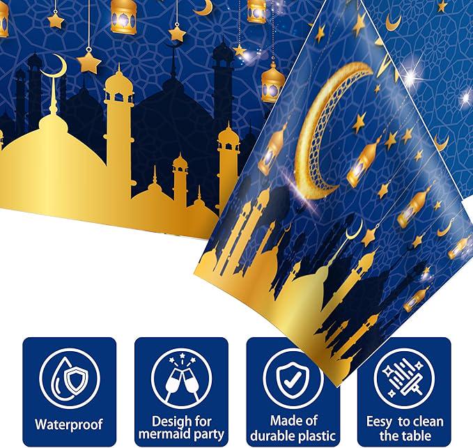 3 Piece Blue Ramadan Mubarak Tablecloths Plastic Disposable Table Covers 54x87 Inch