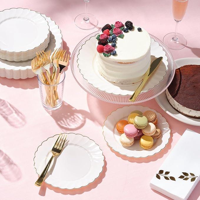 Ivory Plastic Plates with Gold Trim, Scalloped Disposable Dinnerware (100 Piece Set)