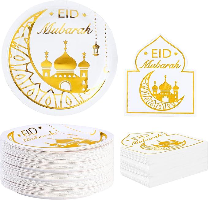 50 Piece Eid Mubarak Plates and Napkins Set White Gold Ramadan Party Supplies