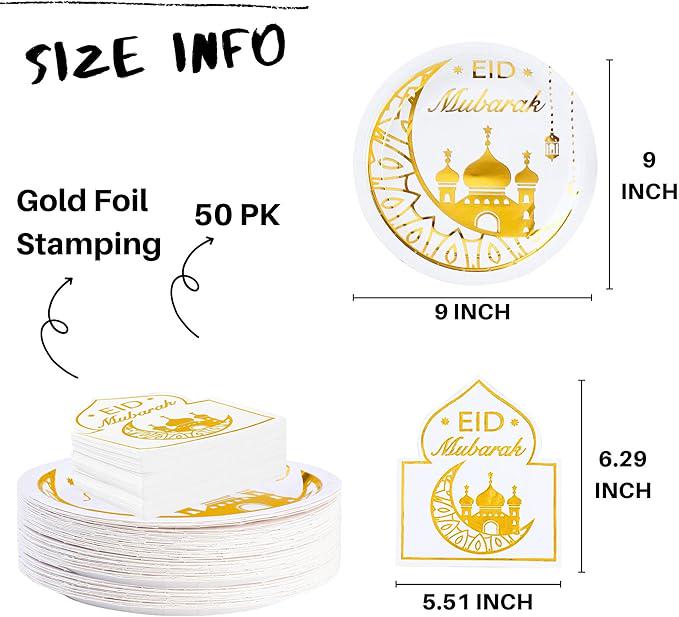 50 Piece Eid Mubarak Plates and Napkins Set White Gold Ramadan Party Supplies