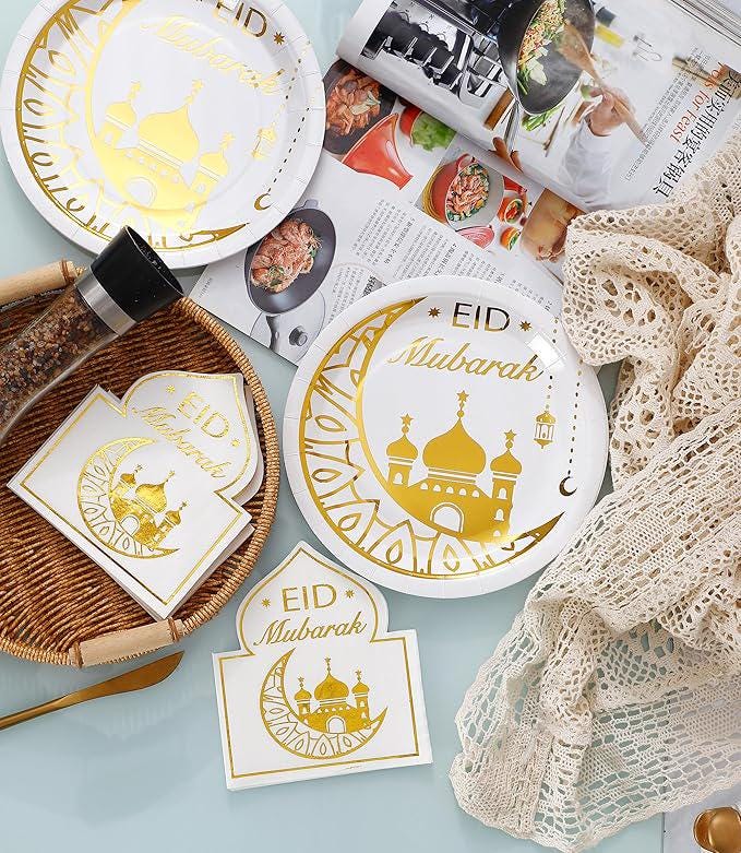 50 Piece Eid Mubarak Plates and Napkins Set White Gold Ramadan Party Supplies