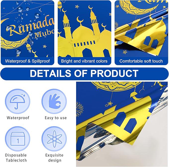 2 Piece Ramadan Mubarak Tablecloths Blue Gold Disposable Rectangle Table Covers 54x108 Inch