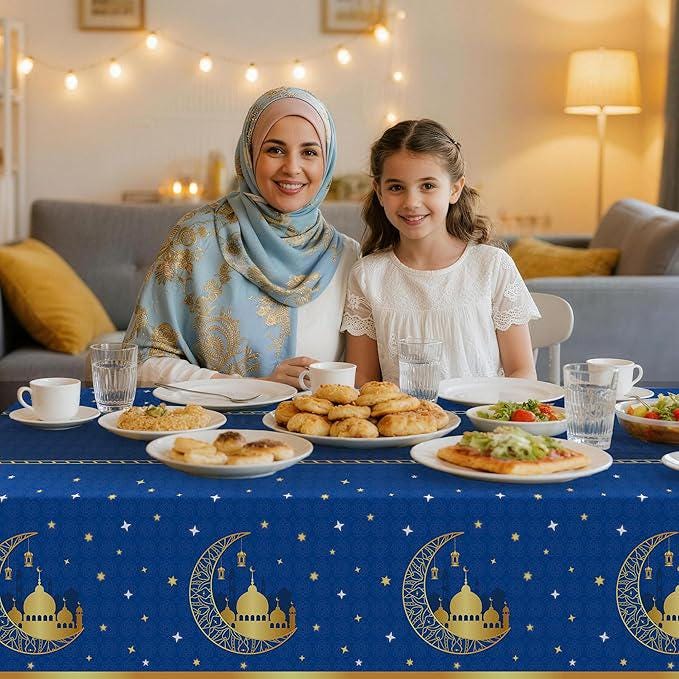 3 Pack Ramadan Mubarak Tablecloths Blue Disposable Rectangle Table Covers 54x108 Inch Party Supplies