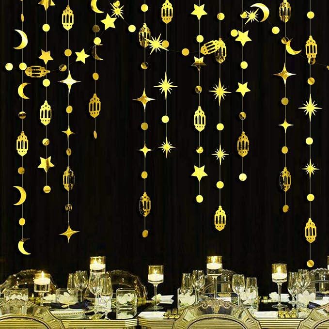 Gold Eid Mubarak Hanging Star Moon Garland Crescent Lamp Banner Home Party Decorations