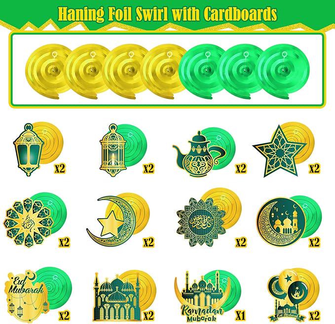Ramadan Mubarak Hanging Swirl Decorations: Gold & Dark Green, 30 Piece