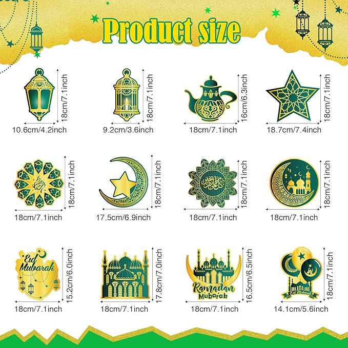 Ramadan Mubarak Hanging Swirl Decorations: Gold & Dark Green, 30 Piece
