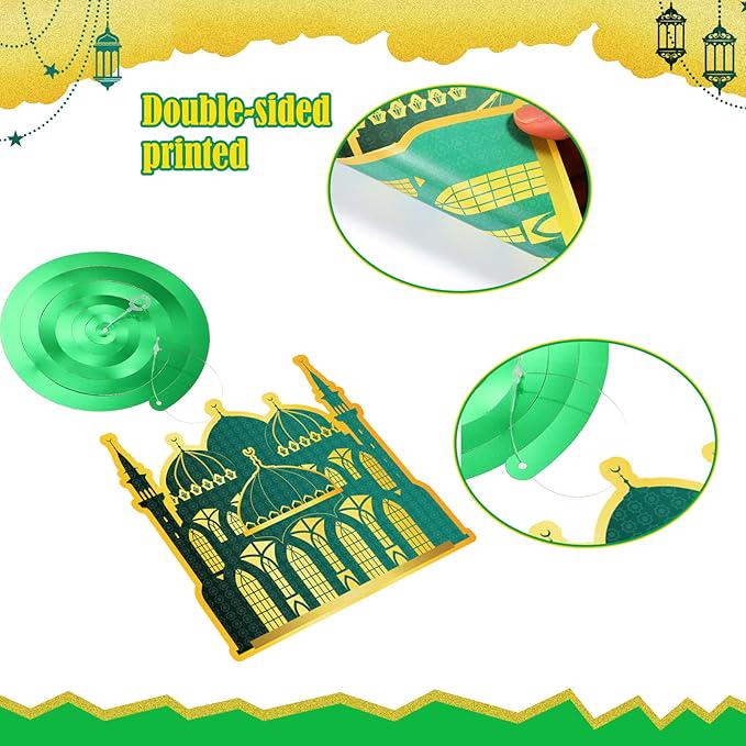 Ramadan Mubarak Hanging Swirl Decorations: Gold & Dark Green, 30 Piece