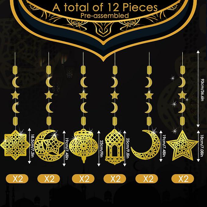 12 Piece Ramadan Mubarak Hanging Decorations Golden Star Moon Lanterns Reusable Party Decor