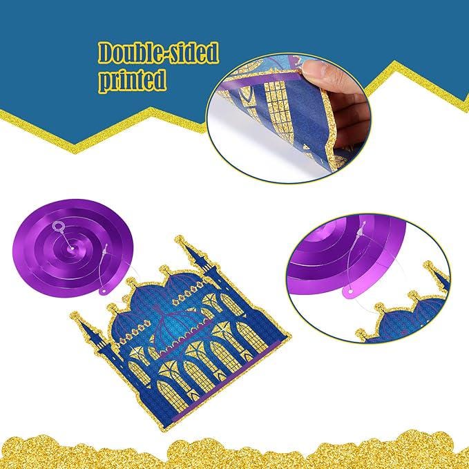 Ramadan Mubarak Hanging Swirl Decorations: Blue, Purple, and Gold, 30-Piece Set
