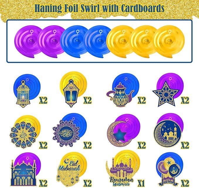 Ramadan Mubarak Hanging Swirl Decorations: Blue, Purple, and Gold, 30-Piece Set
