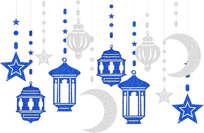 12 Piece Blue Silver Ramadan Star Moon Garland Twinkle Hanging Swirls Lantern Party Decor