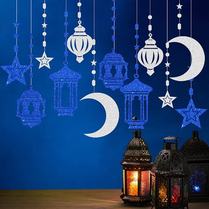 12 Piece Blue Silver Ramadan Star Moon Garland Twinkle Hanging Swirls Lantern Party Decor