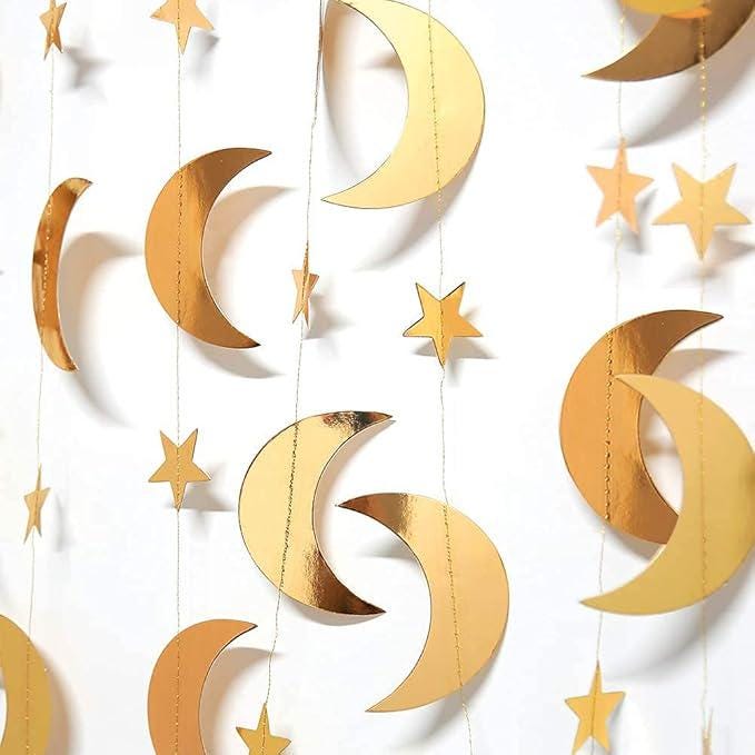 Gold Glitter Star Moon Garland: Celestial Party Banner