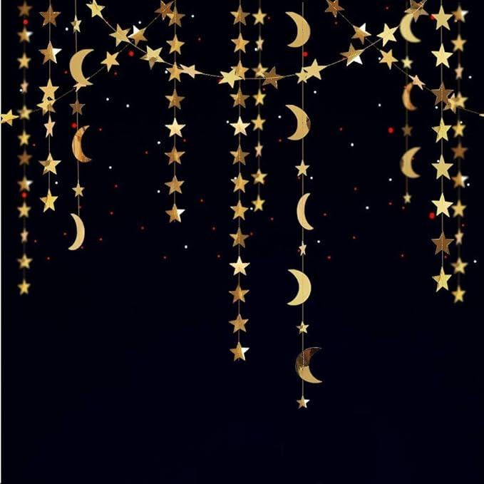 Gold Glitter Star Moon Garland: Celestial Party Banner