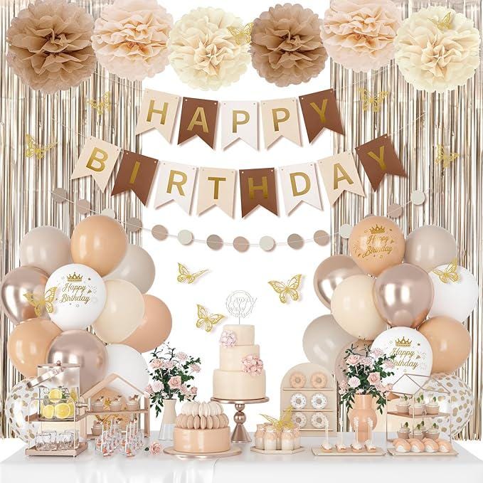 Neutral Birthday Decorations Balloons Banner Fringe Curtain Pompoms Butterfly Party