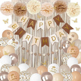 Neutral Birthday Decorations Balloons Banner Fringe Curtain Pompoms Butterfly Party