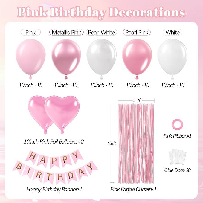 Pink Birthday Decorations Pearl White Metallic Balloons Fringe Curtain Banner for Women