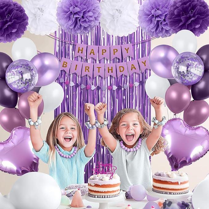 Purple Birthday Decorations Banner Balloons Fringe Curtains Pompoms Heart Garland Party
