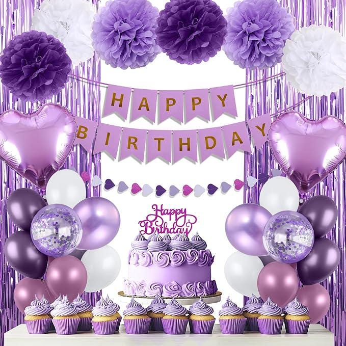 Purple Birthday Decorations Banner Balloons Fringe Curtains Pompoms Heart Garland Party