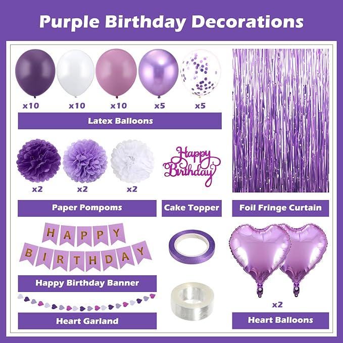 Purple Birthday Decorations Banner Balloons Fringe Curtains Pompoms Heart Garland Party