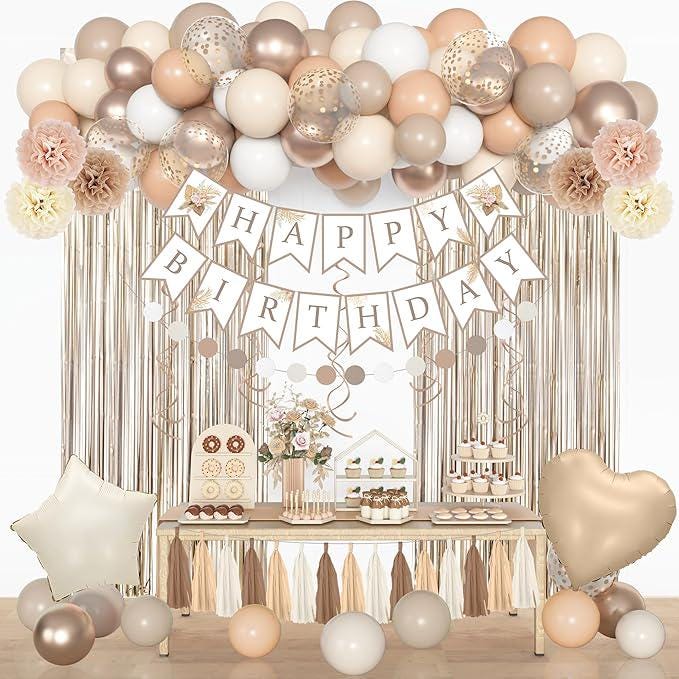 Neutral Birthday Decorations Balloons Banner Fringe Curtains Tassels Pompoms Boho Party