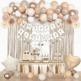 Neutral Birthday Decorations Balloons Banner Fringe Curtains Tassels Pompoms Boho Party