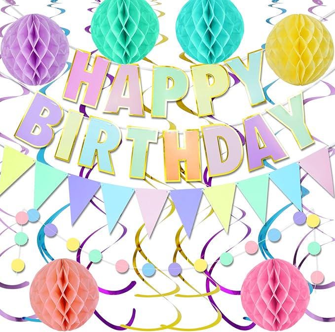 Pastel Birthday Party Decorations Kit Banner Flag Bunting Garland Swirls Honeycomb Ball Party