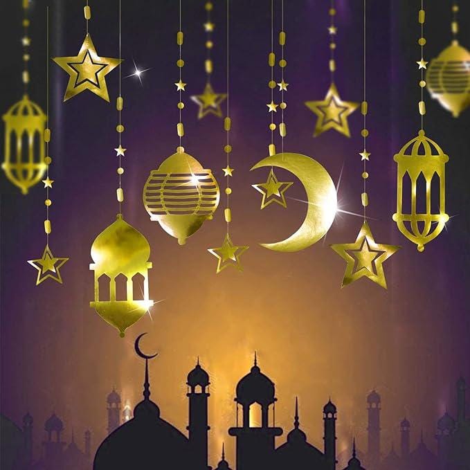 Ramadan Eid Decorations Gold Star Moon Lantern Garland Islamic Party Decor Set