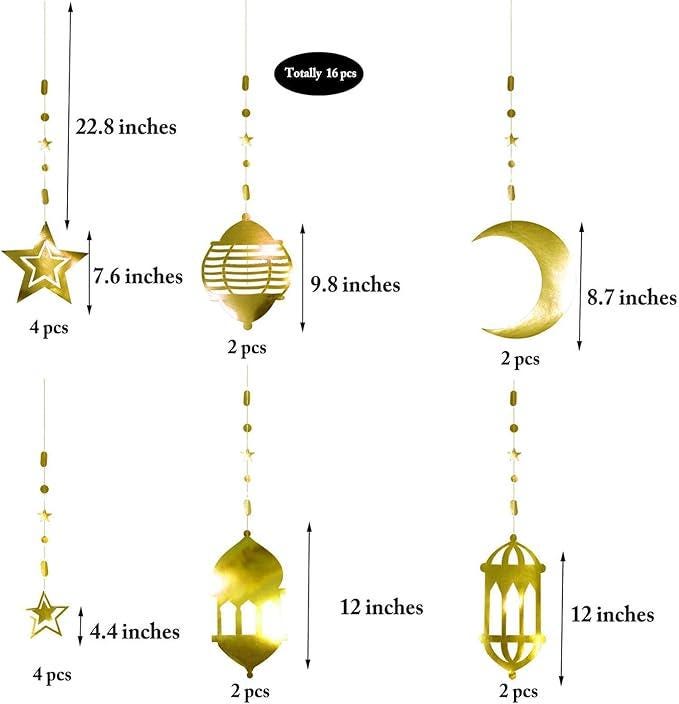 Ramadan Eid Decorations Gold Star Moon Lantern Garland Islamic Party Decor Set