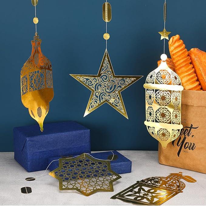 16 Pcs Ramadan Decorations Hollow Moon Stars Lantern Banner Home Party Wall Decor